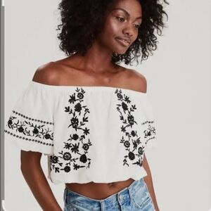 American Eagle White Off-Shoulder Crop Top with Black Embroidery